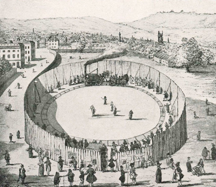 Le chemin de fer et la locomotive Catch me who can de Trevithick, à Londres, en 1808,dessin exécuté vers 1837, publié dans l’ouvrage Histoire de la locomotion terrestre : les chemins de ferde Charles Dollfus et Edgar de Geoffroy, 1935, page 7 sur 376, Collection Cité du Train