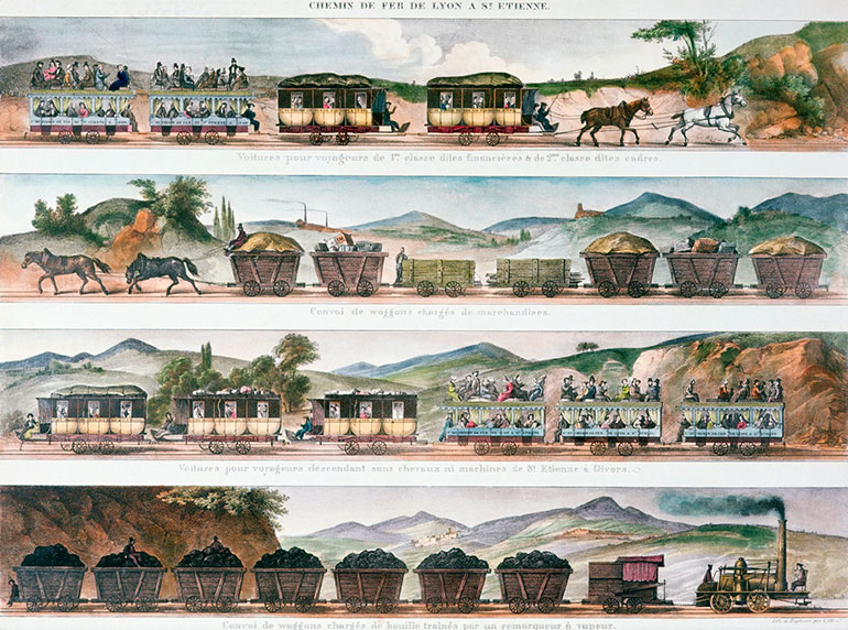 Railway between Lyon and Saint-Etienne, Engelmann, 1839, colour lithography, SARDO Centre national des archives historiques SNCF