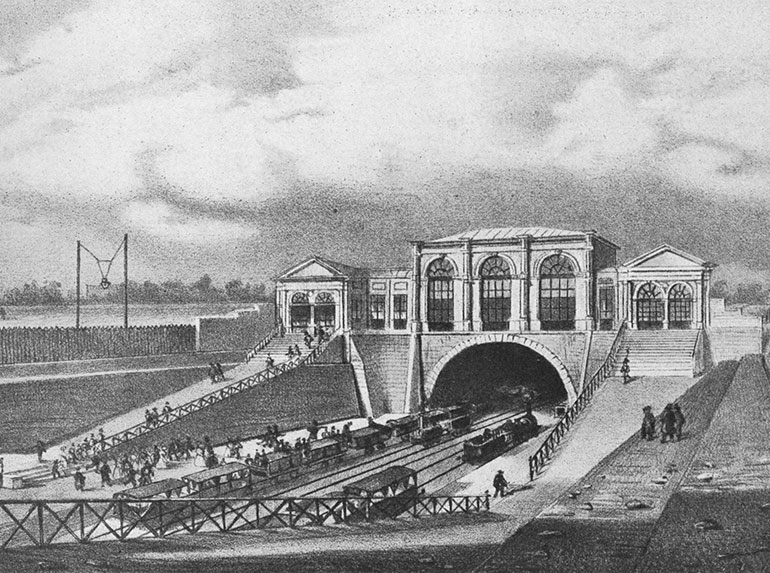 Boarding area in Paris for Saint-Germain in 1837, published in the book Histoire de la locomotion terrestre: les chemins de fer by Charles Dollfus and Edgar de Geoffroy, 1935, page 43 of 376, Cité du Train collection