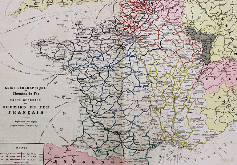 General map of the French railways, published in Guide géographique des chemins de fer, Potier et Cie éditeurs, 1879, pages 47 and 48 of 70, Cité du Train collection