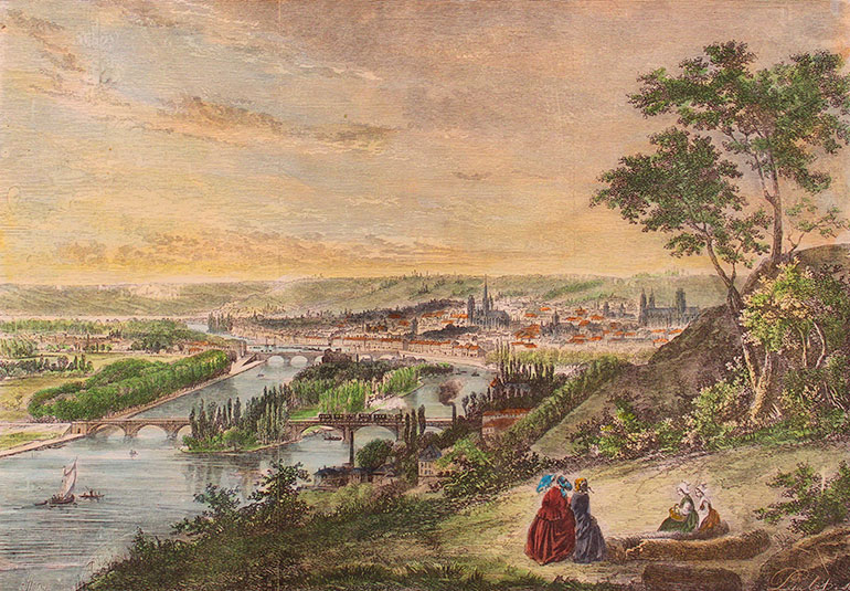 Auguste Victor Deroy et Peulot sc., Vue de la ville de Rouen, après 1843, lithographie en couleurs, Collection particulière