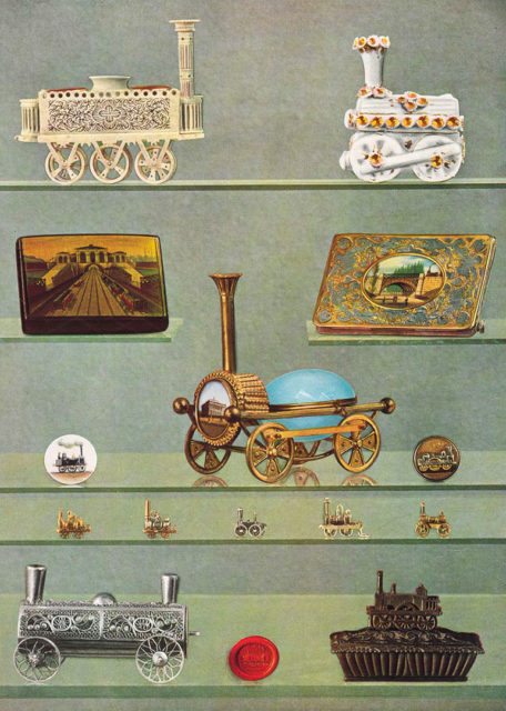 Objects commemorating the early railways, published in the book Histoire de la locomotion terrestre: les chemins de fer, Charles Dollfus and Edgar de Geoffroy, 1935, page 42 of 376, Collection Cité du Train