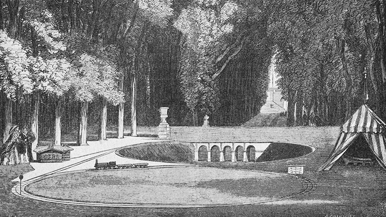 Miniature railway made for the imperial prince in the park of Saint-Cloud in 1859, published in the book Histoire de la locomotion terrestre: les chemins de fer by Charles Dollfus and Edgar de Geoffroy, 1935, page 97 of 376, Cité du Train collection