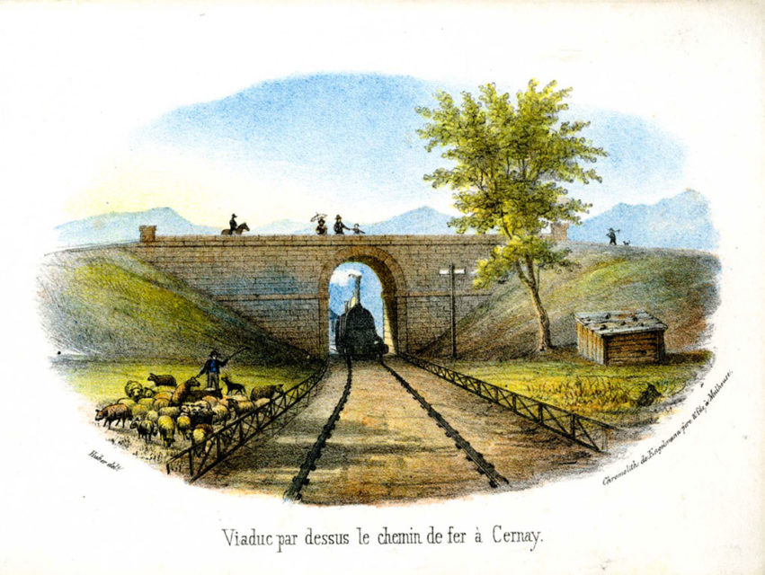 Engelmann père & fils, Viaduc par-dessus le chemin de fer à Cernay, gravure, 1839, Archives Municipales de Mulhouse, 87 Fi 151