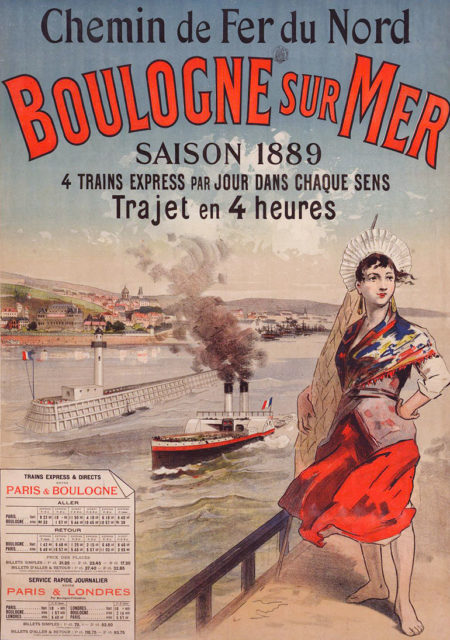 Jules Cheret, Boulogne-sur-mer : saison 1889, 31 décembre 1889, affiche sur papier réalisée pour la Compagnie du chemin de fer du Nord, SARDO Centre national des archives historiques SNCF, référence : tr_sardo_468_1