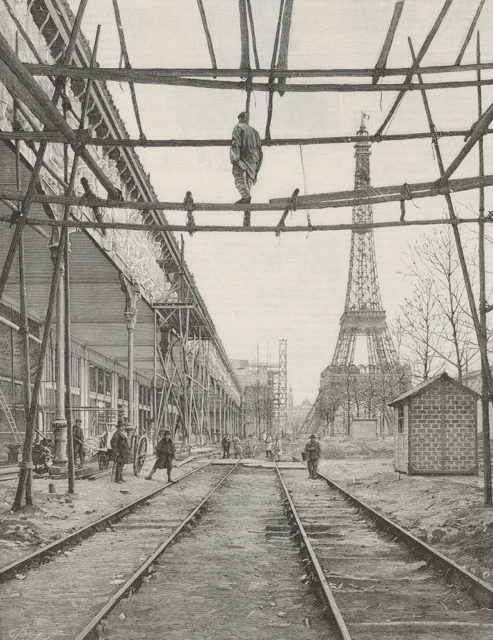 Universal exposition - The railway track and the outdoor galleries of miscellaneous industries, M. Peulot, engraving, 1889, published in the collection Exposition universelle, 1889. Paris, Champ de Mars. Gallery of machines, central dome, exhibitions of miscellaneous industries: construction, overviews, Bibliothèque nationale de France, Prints and photographs dept, FOL-VA-275 (C, 4)
