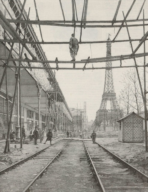 M. Peulot, Exposition universelle - La voie ferrée et les galeries extérieures des industries diverses,, gravure, 1889, in Exposition universelle, 1889. Paris, Champ de Mars. Galerie des machines, dôme central, expositions des industries diverses : construction, vues d'ensemble, Bibliothèque nationale de France, département Estampes et photographie