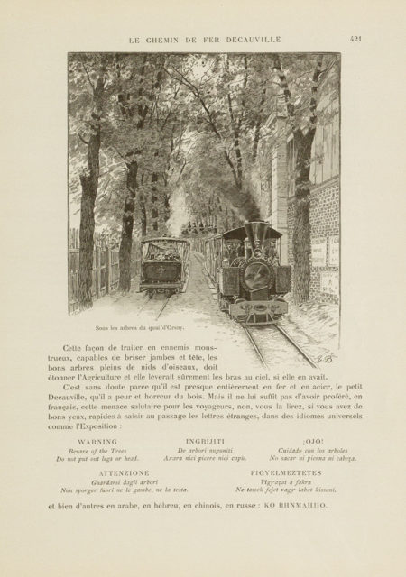 Sous les arbres du quai d’Orsay, inconnu, s.d., gravure, publiée dans la Revue de l’Exposition universelle de 1889, page 421, Universitätsbibliothek Heidelberg