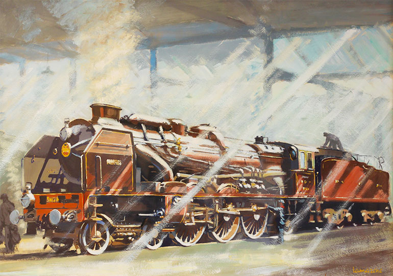 Pacific Chapelon Nord locomotive at the La Chapelle depot around 1936, Michel Lamarche, 1936, oil on paper, 64 cm x 90 cm, Cité du Train collection