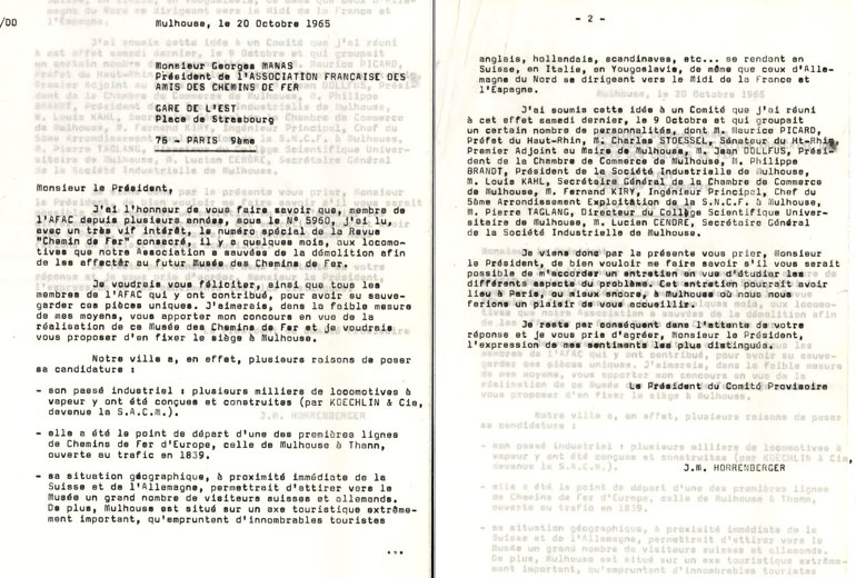 Lettre de Jean-Mathis Horrenberger à Georges Manas, 20 octobre 1965, Collection Cité du Train