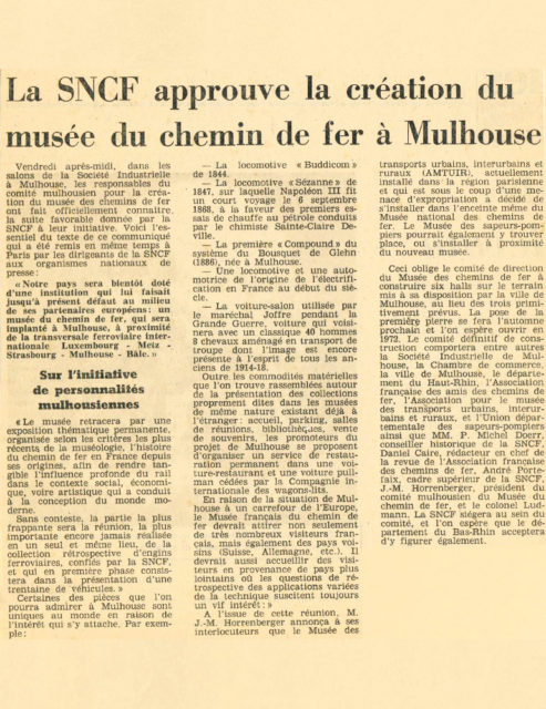 La SNCF approuve la création du musée du chemin de fer à Mulhouse, article from Dernières Nouvelles d’Alsace, 28 July 1969, Cité du Train collection