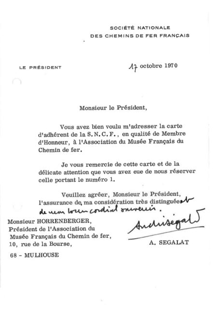 Lettre de André Ségalat à Jean-Mathis Horrenberger, 14 octobre 1970, Collection Cité du Train