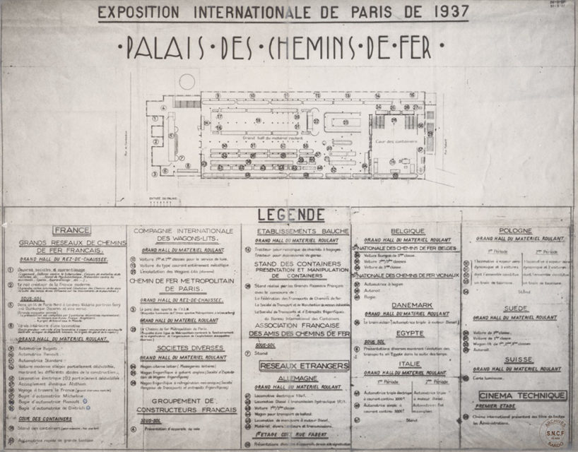 Exposition internationale de Paris de 1937, palais des chemins de fer, 1937, plan papier, SARDO Centre national des archives historiques SNCF, référence cnah0056, don G. Vergnaud (Collection 80 ans)