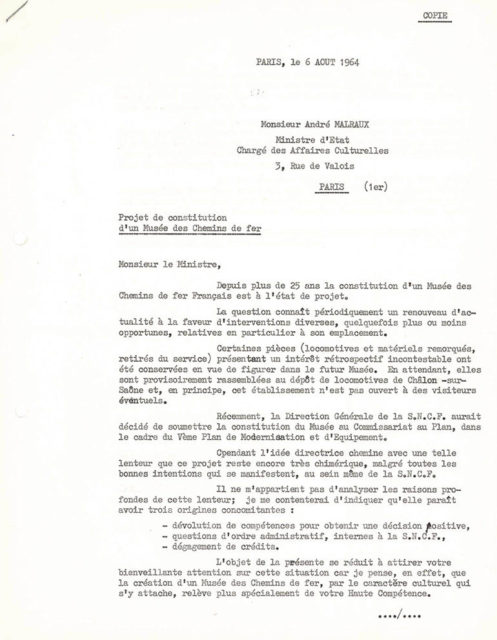 Lettre de Michel Doerr à André Malraux, 06 août 1964, Collection Cité du Train