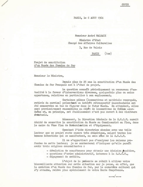 Letter from Michel Doerr to André Malraux, 6 August 1964, Cité du Train collection