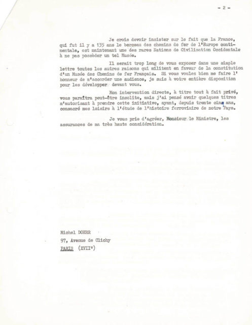 Lettre de Michel Doerr à André Malraux, 06 août 1964, Collection Cité du Train