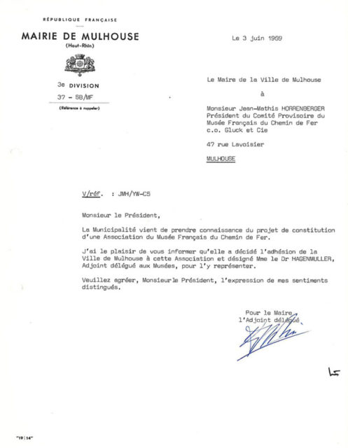 Lettre du maire de la ville de Mulhouse à Jean-Mathis Horrenberger, 03 juin 1969, Collection Cité du Train, conservée aux Archives Municipales de Mulhouse