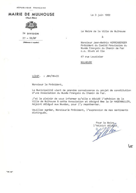 Letter from the mayor of Mulhouse to Jean-Mathis Horrenberger, 3 June 1969, Cité du Train collection, conserved in the Municipal Archives of Mulhouse