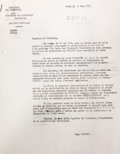 Lettre de Jean Chamant, ministre des transports au président du Conseil d’Administration de SNCF, 06 juin 1969, Collection Cité du Train, conservée aux Archives Municipales de Mulhouse