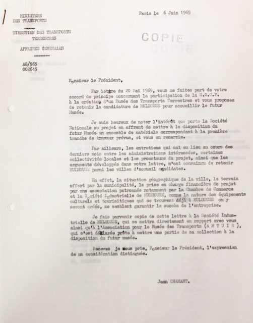 Letter from Jean Chamant, Minister for Transports, to the chairman of the board of directors of SNCF, 6 June 1969, Cité du Train collection, conserved in the Municipal Archives of Mulhouse