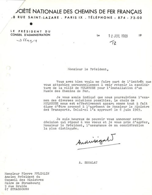 Lettre de André Ségalat à Pierre Pflimlin, 10 juillet 1969, Collection Cité du Train, conservée aux Archives Municipales de Mulhouse