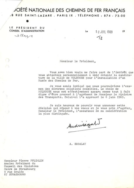 Letter from André Ségalat to Pierre Pflimlin, 10 July 1969, Cité du Train collection, conserved in the Municipal Archives of Mulhouse