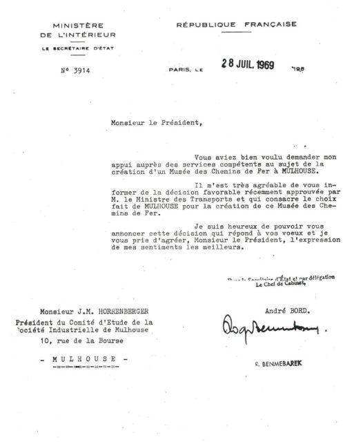 Lettre de André Bord à Jean-Mathis Horrenberger, 28 juillet 1969, Collection Cité du Train, conservée aux Archives Municipales de Mulhouse