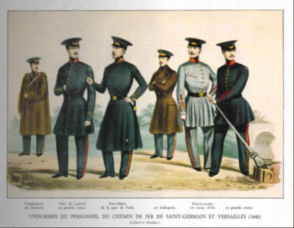 Uniforms of the personnel of the railways of Saint-Germain and Versailles (1840), published in Histoire de la locomotion terrestre : les chemins de fer, Charles Dollfus and Edgar de Geoffroy, 1935, page 104 of 376, Cité du Train collection