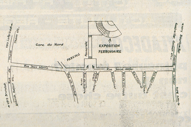 Plan issu de l’article Comment se rendre à l’exposition du “Musée du chemin de fer” ?, in L’Alsace, 19 juin 1971, Bibliothèque municipale de Mulhouse