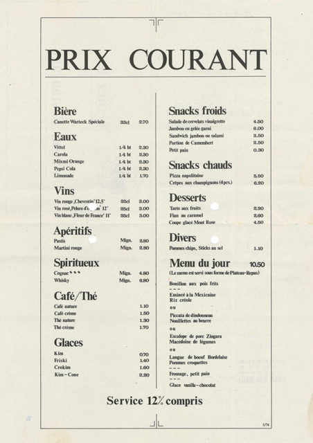 Prices of items sold in the museum restaurant, May 1974, Cité du Train collection