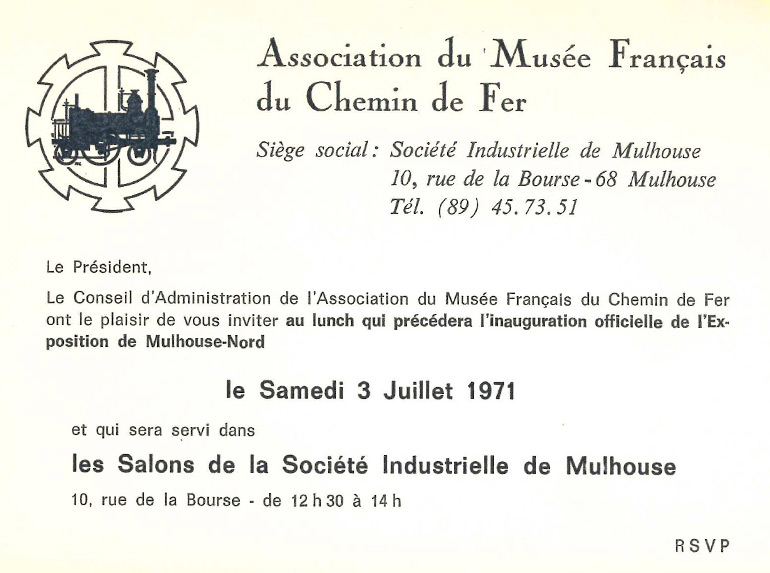 Carton d’invitation au lunch de l’inauguration officielle de la demi-rotonde de Mulhouse-Nord, 3 juillet 1971, Collection Cité du Train