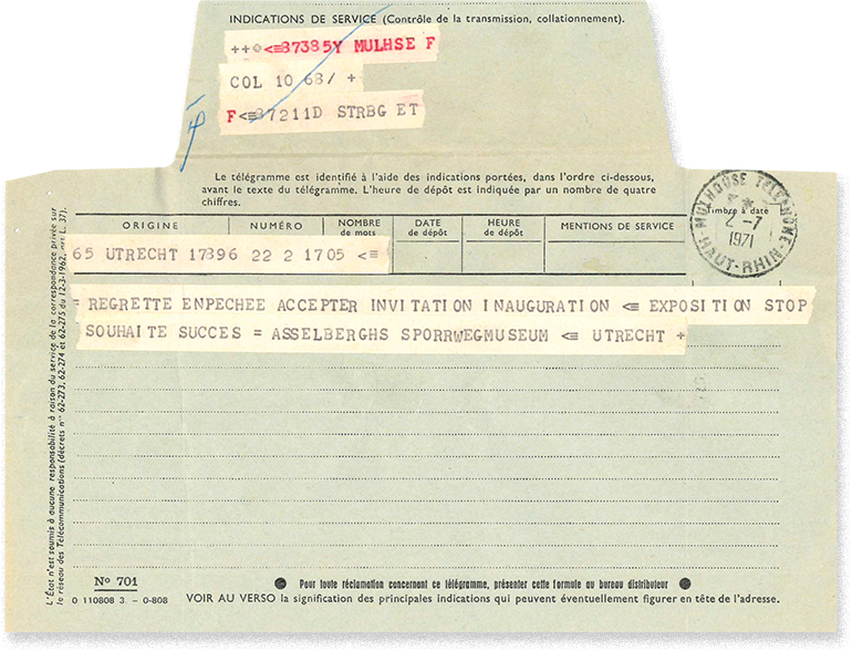 Telegram of the reply from the Utrecht railways museum to its invitation to the French Railways Museum, 2 July 1971, Cité du Train collection