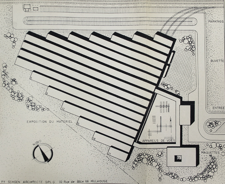 Pierre-Yves Schoen, Vue en plan du Musée Français du Chemin de Fer sur le site de Dornach, s.d., Collection Cité du Train, conservé aux Archives Municipales de Mulhouse