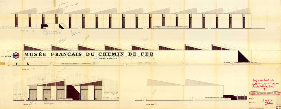 Pierre-Yves Schoen, plan of building A, façades, August 1974, modified on 24 March 1976, Cité du Train collection