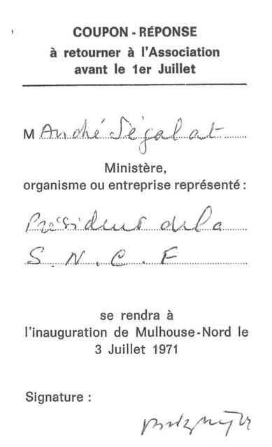 Coupon-réponse à l’inauguration de Mulhouse-Nord du 3 juillet 1971 de M. Segalat, président du conseil d’administration de la S.N.C.F