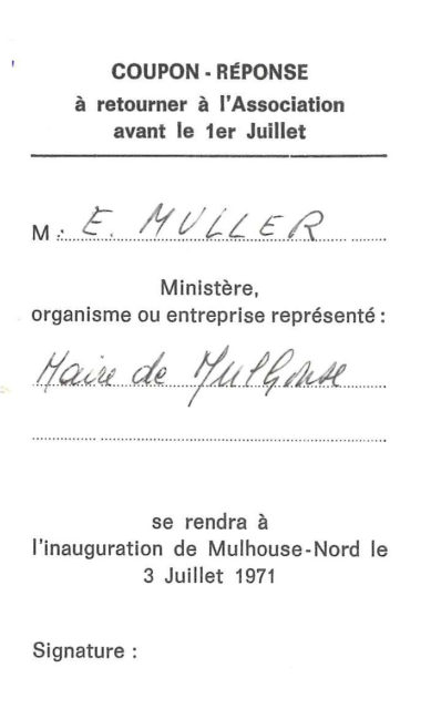 Coupon-réponse à l’inauguration de Mulhouse-Nord du 3 juillet 1971 de M. Muller, maire de Mulhouse