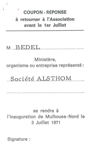 Reply coupon for the inauguration of Mulhouse North of 3 July 1971 of Mr Bedel, representing the company Alsthom