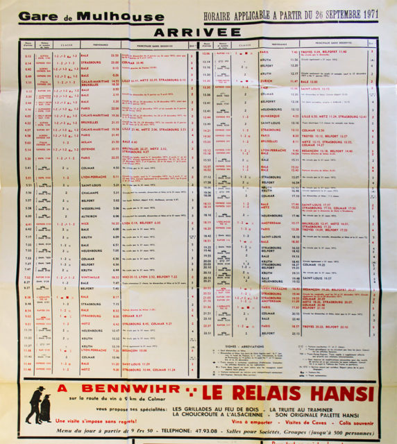 Affiche gare de Mulhouse - arrivée, horaires applicables à partir du 26 septembre 1971, Collection Cité du Train