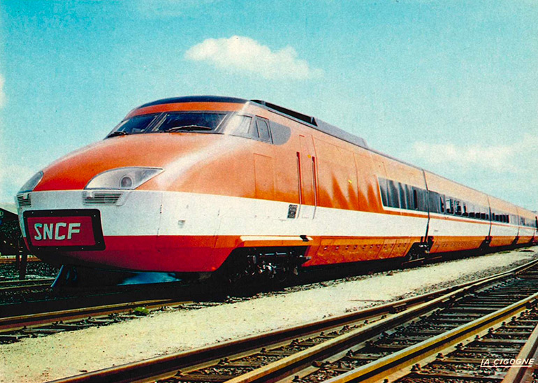 La S.N.C.F. pense à l'avenir… Rame prototype Turbotrain à grande vitesse TGV-001 (1972), carte postale, photo : S.N.C.F./BRONCARD, éditions La Cigogne, Collection Cité du Train