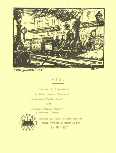 Menu du déjeuner du Conseil d’Administration, 1er décembre 1977, Collection Cité du Train